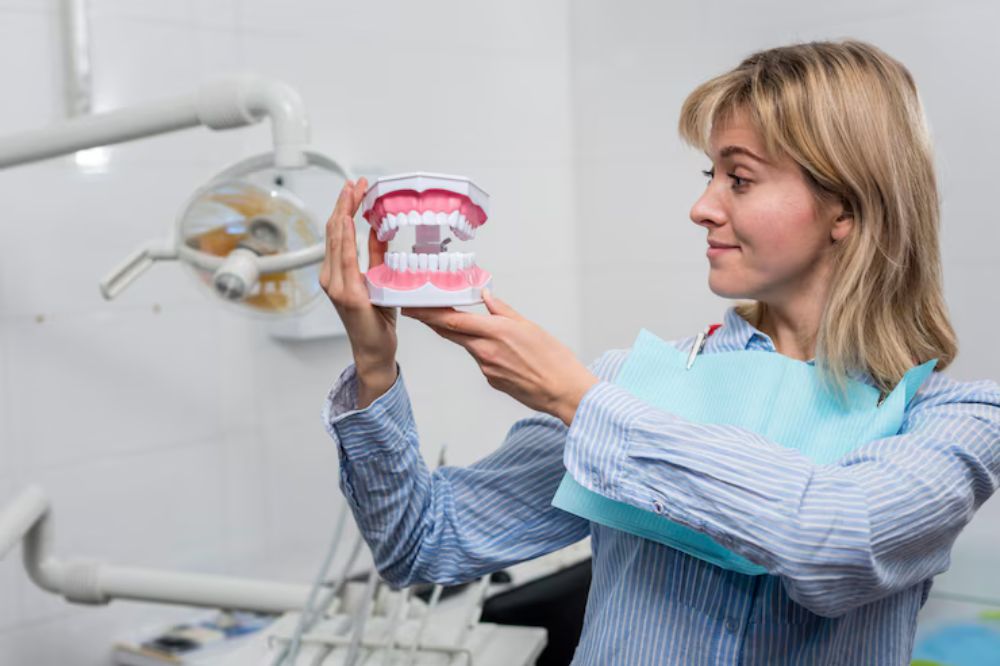 a dentist is showing the demo of dentures